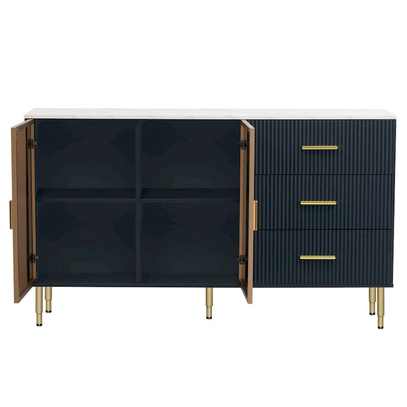 Navy Blue Sideboard with Glass Doors and 3 Drawers