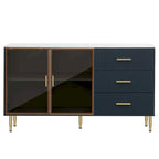 Marineblauw dressoir met glazen deuren en 3 laden