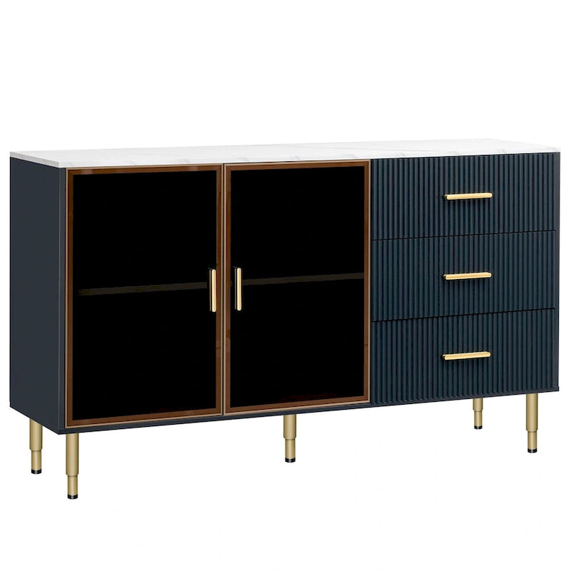 Navy Blue Sideboard with Glass Doors and 3 Drawers