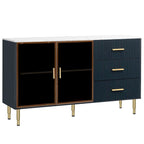 Marineblauw dressoir met glazen deuren en 3 laden