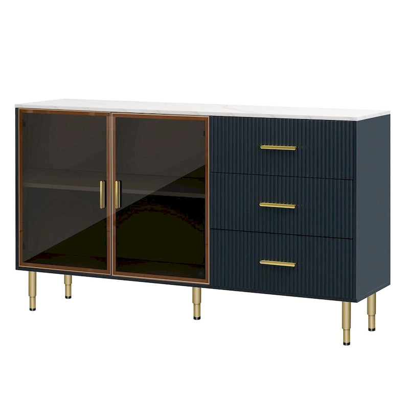 Navy Blue Sideboard with Glass Doors and 3 Drawers