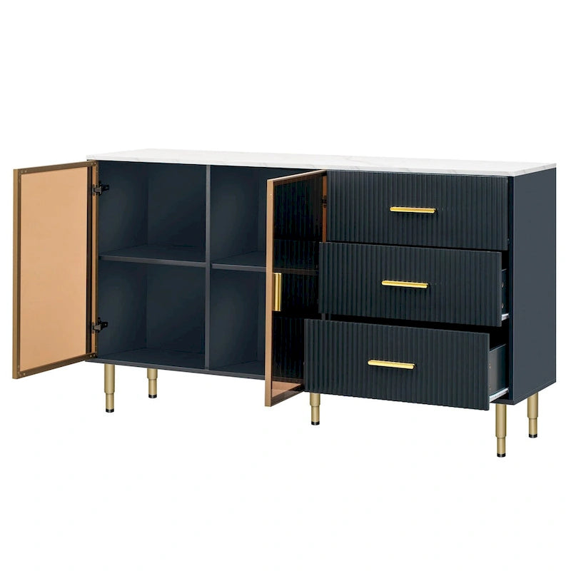 Navy Blue Sideboard with Glass Doors and 3 Drawers