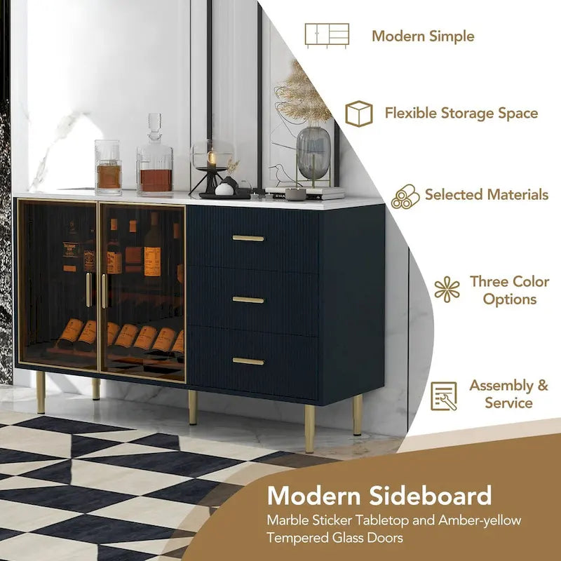 Navy Blue Sideboard with Glass Doors and 3 Drawers