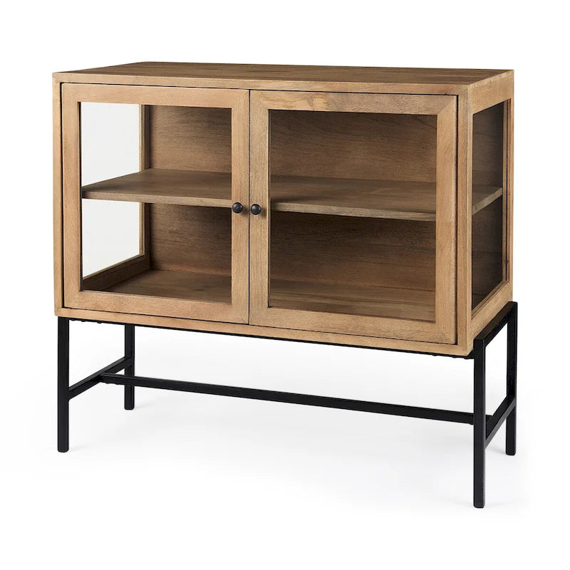 Solid Mango Wood Accent Cabinet with Glass Doors and Iron Frame