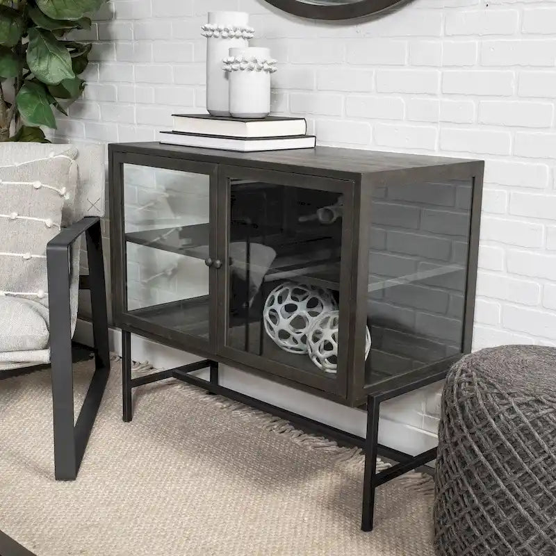 Solid Mango Wood Accent Cabinet with Glass Doors and Iron Frame