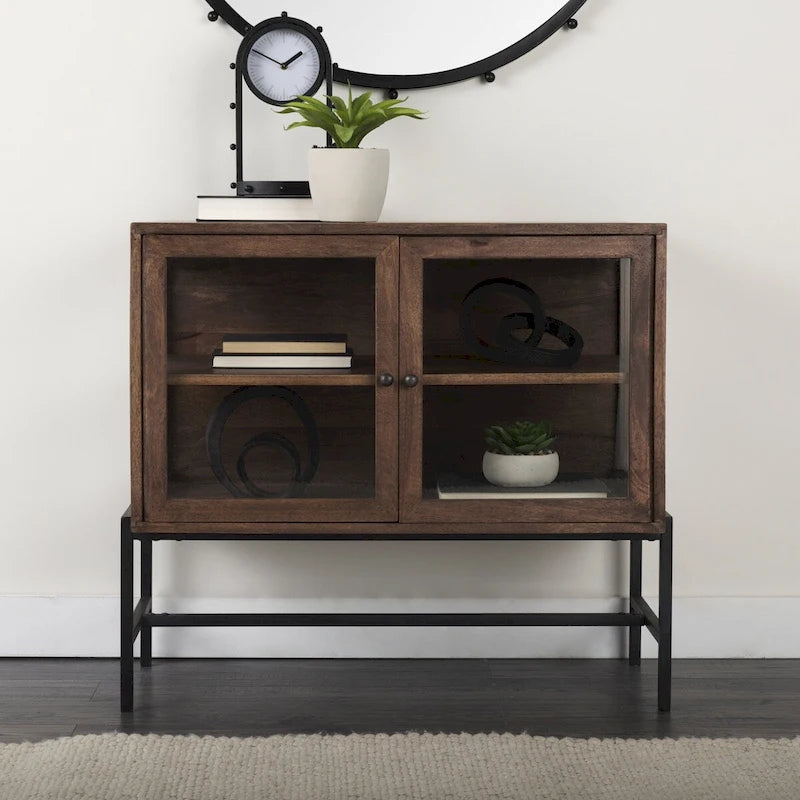 Solid Mango Wood Accent Cabinet with Glass Doors and Iron Frame