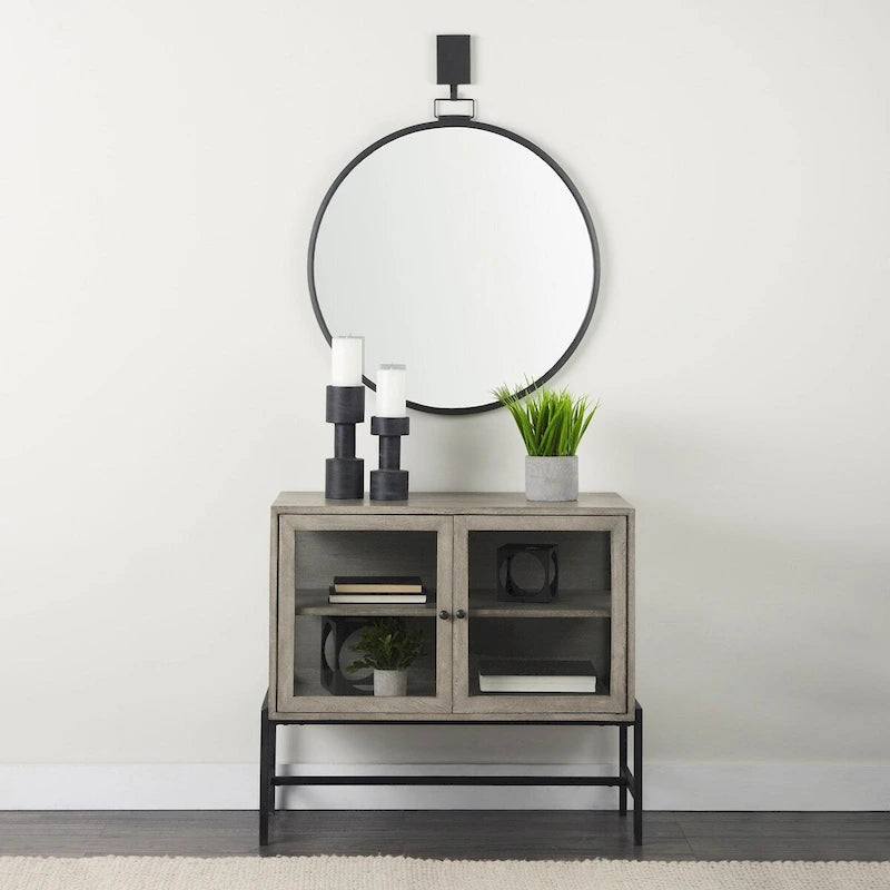 Solid Mango Wood Accent Cabinet with Glass Doors and Iron Frame