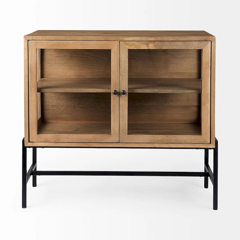 Solid Mango Wood Accent Cabinet with Glass Doors and Iron Frame