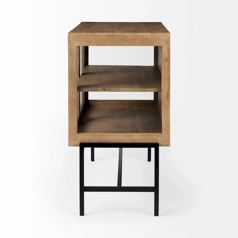Solid Mango Wood Accent Cabinet with Glass Doors and Iron Frame