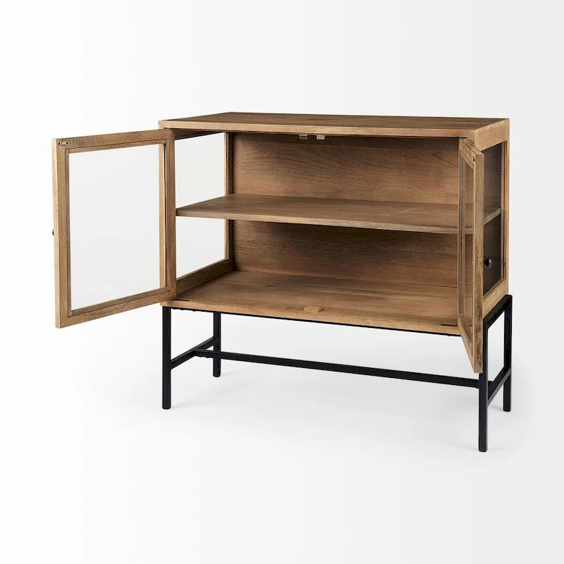 Solid Mango Wood Accent Cabinet with Glass Doors and Iron Frame