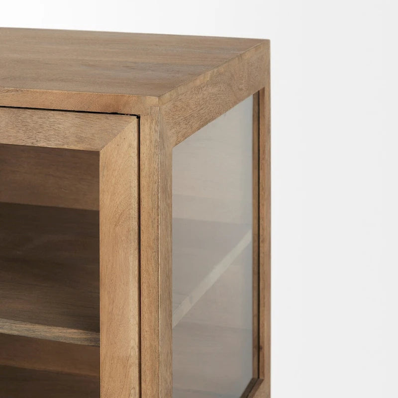 Solid Mango Wood Accent Cabinet with Glass Doors and Iron Frame