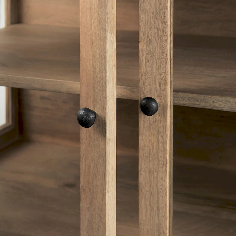 Solid Mango Wood Accent Cabinet with Glass Doors and Iron Frame