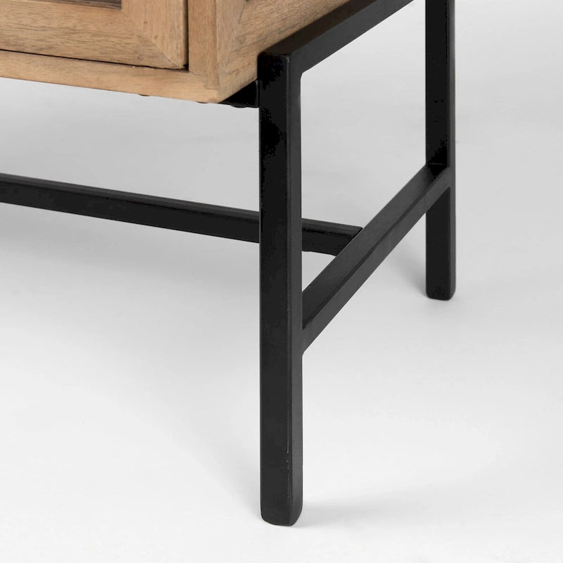 Solid Mango Wood Accent Cabinet with Glass Doors and Iron Frame