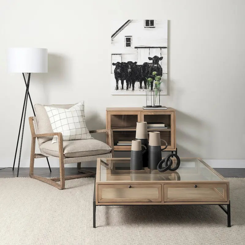 Solid Mango Wood Accent Cabinet with Glass Doors and Iron Frame