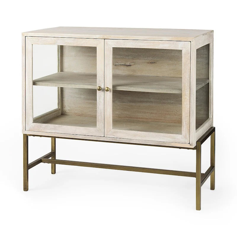 Solid Mango Wood Accent Cabinet with Glass Doors and Iron Frame