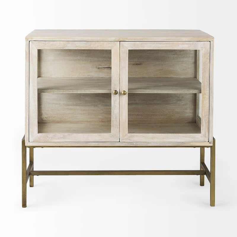 Solid Mango Wood Accent Cabinet with Glass Doors and Iron Frame