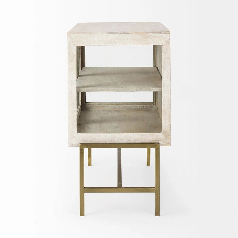 Solid Mango Wood Accent Cabinet with Glass Doors and Iron Frame