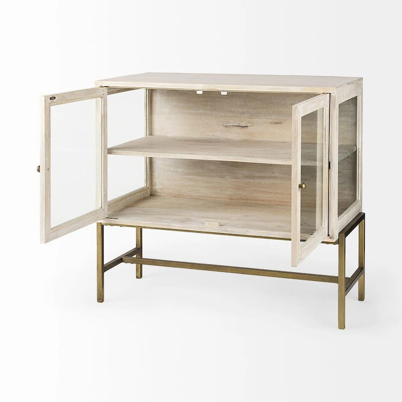 Solid Mango Wood Accent Cabinet with Glass Doors and Iron Frame