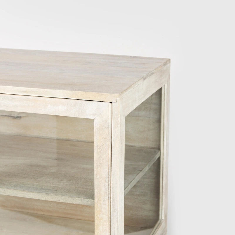 Solid Mango Wood Accent Cabinet with Glass Doors and Iron Frame