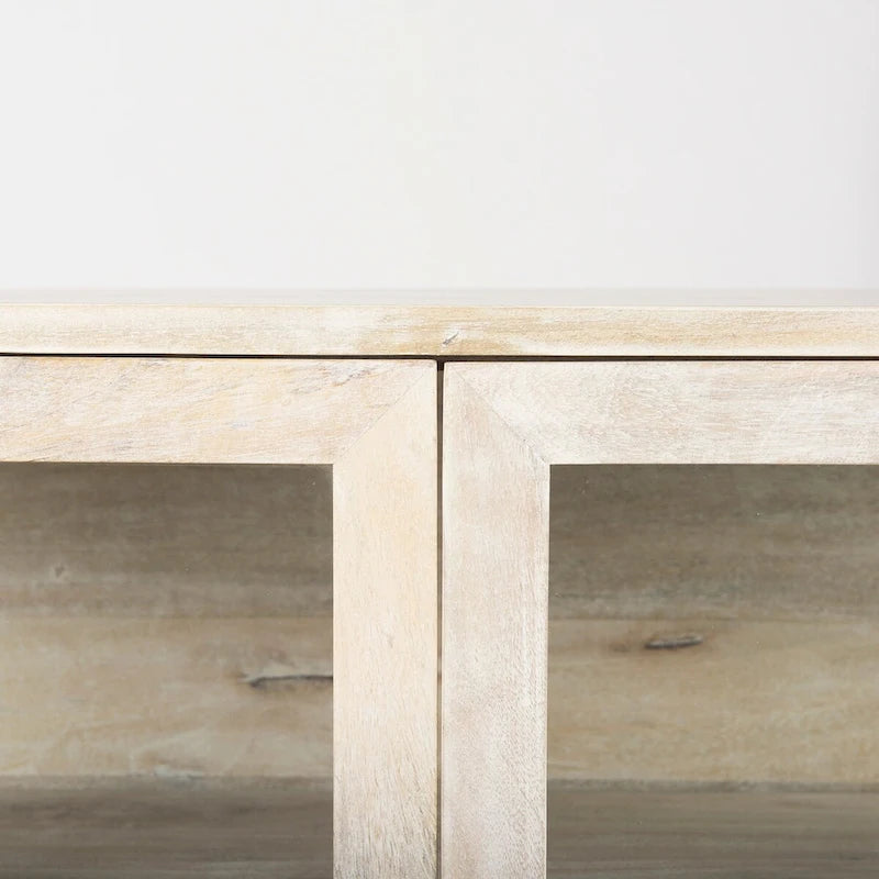 Solid Mango Wood Accent Cabinet with Glass Doors and Iron Frame