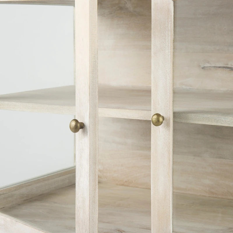 Solid Mango Wood Accent Cabinet with Glass Doors and Iron Frame