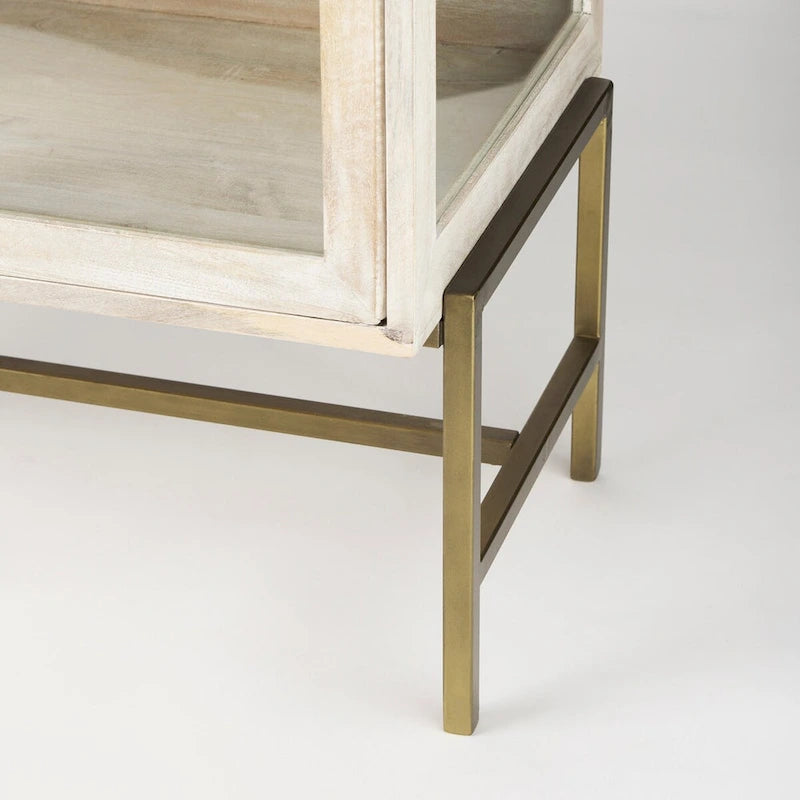 Solid Mango Wood Accent Cabinet with Glass Doors and Iron Frame