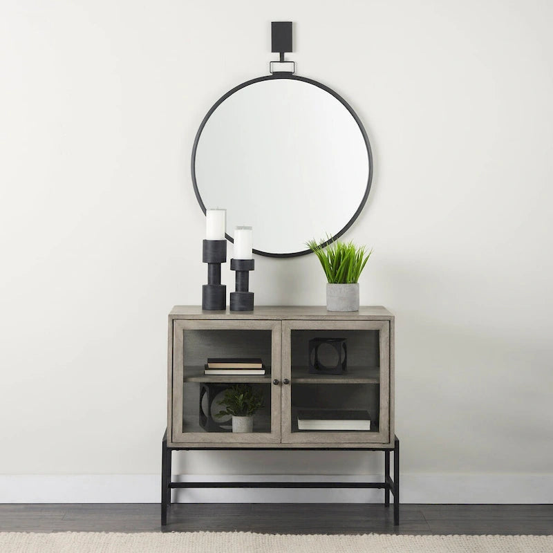Solid Mango Wood Accent Cabinet with Glass Doors and Iron Frame
