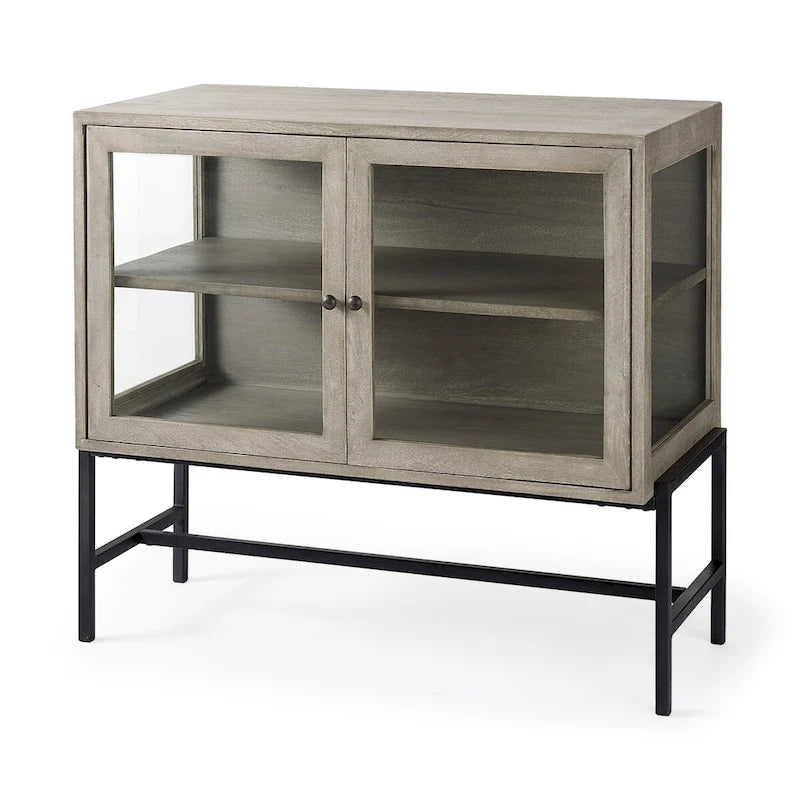 Solid Mango Wood Accent Cabinet with Glass Doors and Iron Frame