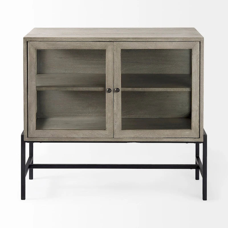 Solid Mango Wood Accent Cabinet with Glass Doors and Iron Frame
