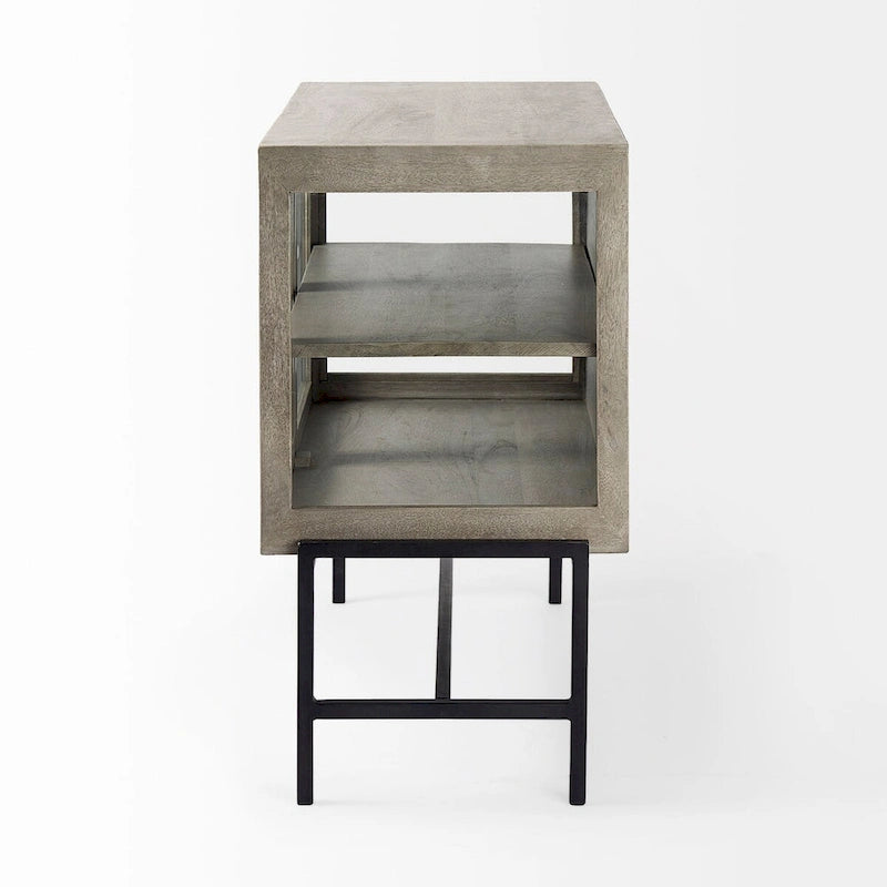 Solid Mango Wood Accent Cabinet with Glass Doors and Iron Frame