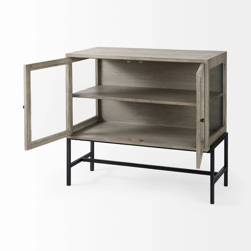 Solid Mango Wood Accent Cabinet with Glass Doors and Iron Frame