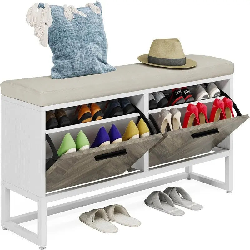 Shoe Storage Bench with Cushioned Seat and 2 Flip Drawers
