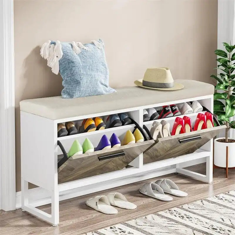 Shoe Storage Bench with Cushioned Seat and 2 Flip Drawers