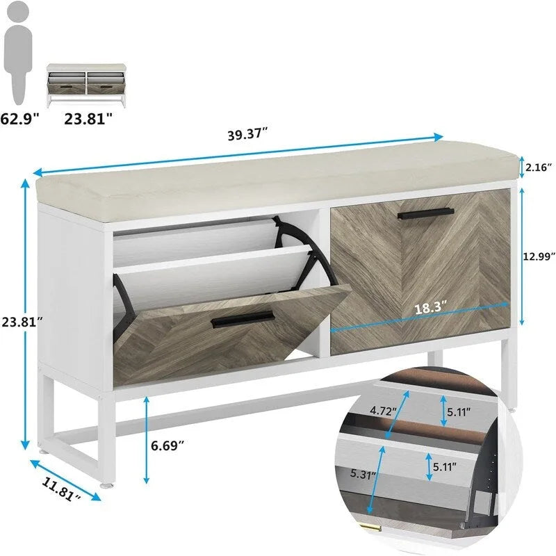 Shoe Storage Bench with Cushioned Seat and 2 Flip Drawers