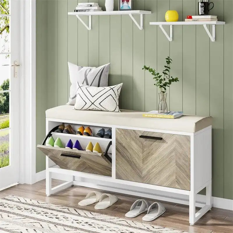 Shoe Storage Bench with Cushioned Seat and 2 Flip Drawers