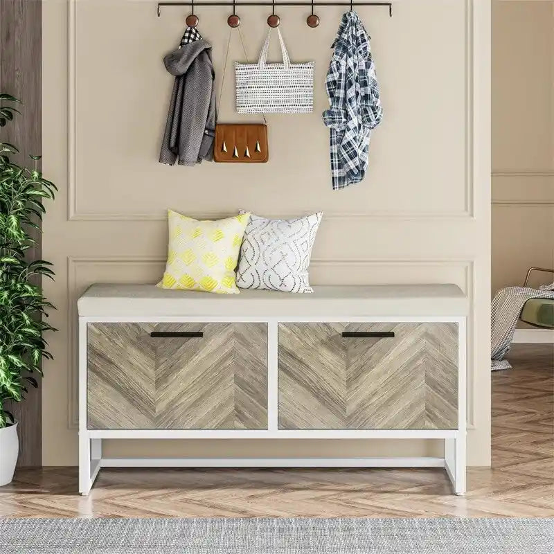 Shoe Storage Bench with Cushioned Seat and 2 Flip Drawers