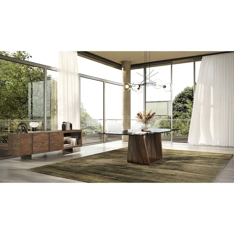 Modern Walnut Veneer & Grey Glass Buffet