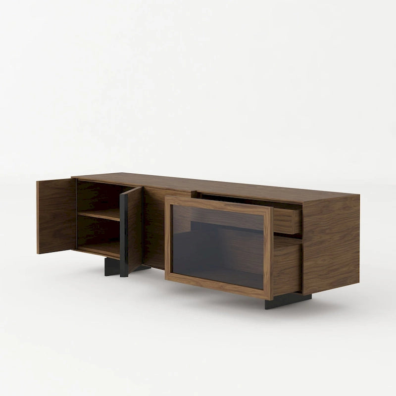 Modern Walnut Veneer & Grey Glass Buffet