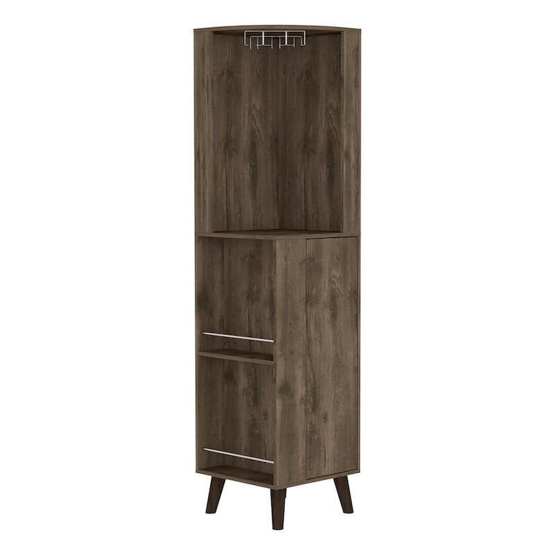 Dark Brown Corner Bar Cabinet with Cup Rack and Storage Shelves