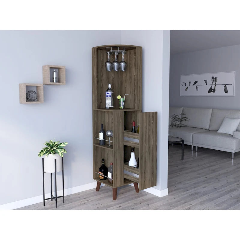 Dark Brown Corner Bar Cabinet with Cup Rack and Storage Shelves