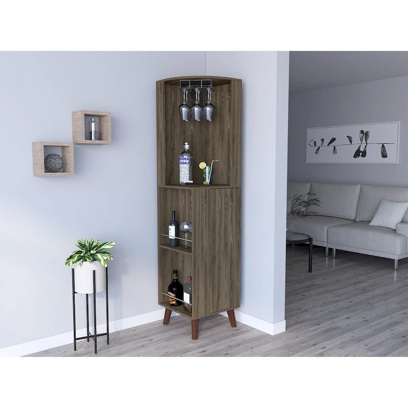 Dark Brown Corner Bar Cabinet with Cup Rack and Storage Shelves