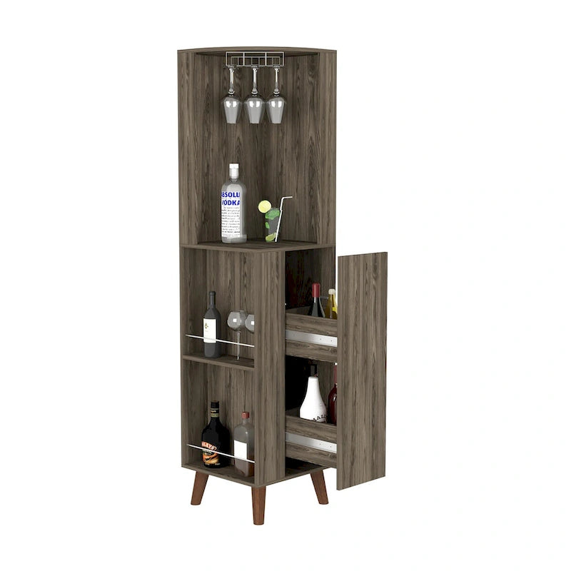Dark Brown Corner Bar Cabinet with Cup Rack and Storage Shelves