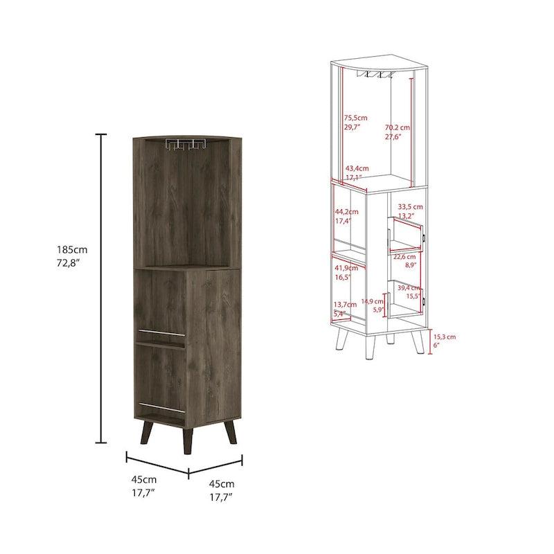Dark Brown Corner Bar Cabinet with Cup Rack and Storage Shelves