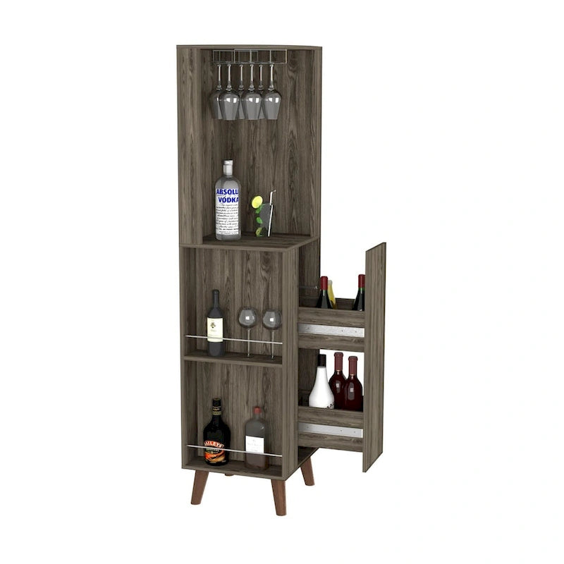 Dark Brown Corner Bar Cabinet with Cup Rack and Storage Shelves