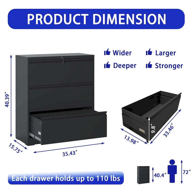 3-Drawer Steel Lateral File Cabinet with Lock
