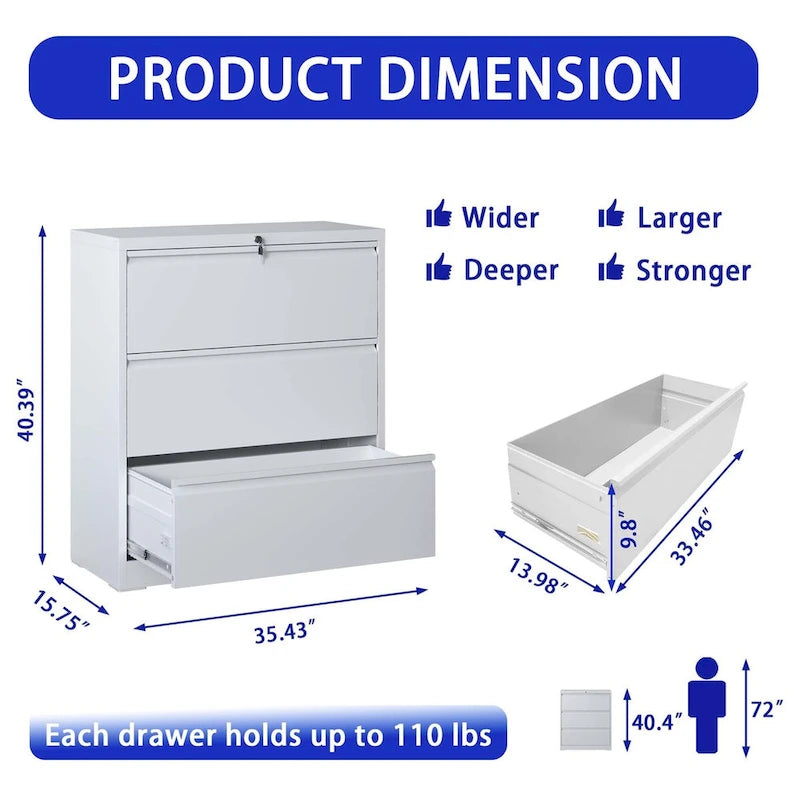 3-Drawer Steel Lateral File Cabinet with Lock