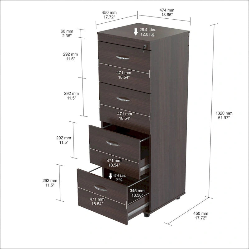 52-Inch Espresso File Cabinet with 4 Drawers