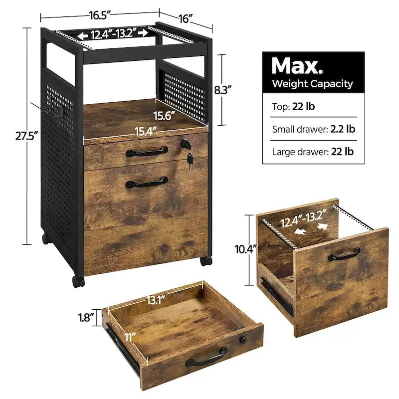 Rolling File Cabinet with Open Shelf and Lockable Drawer