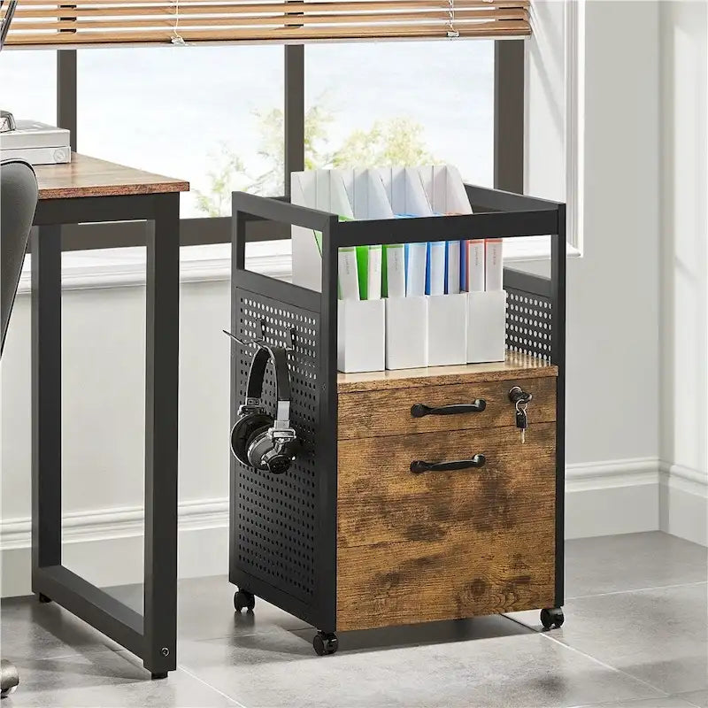 Rolling File Cabinet with Open Shelf and Lockable Drawer