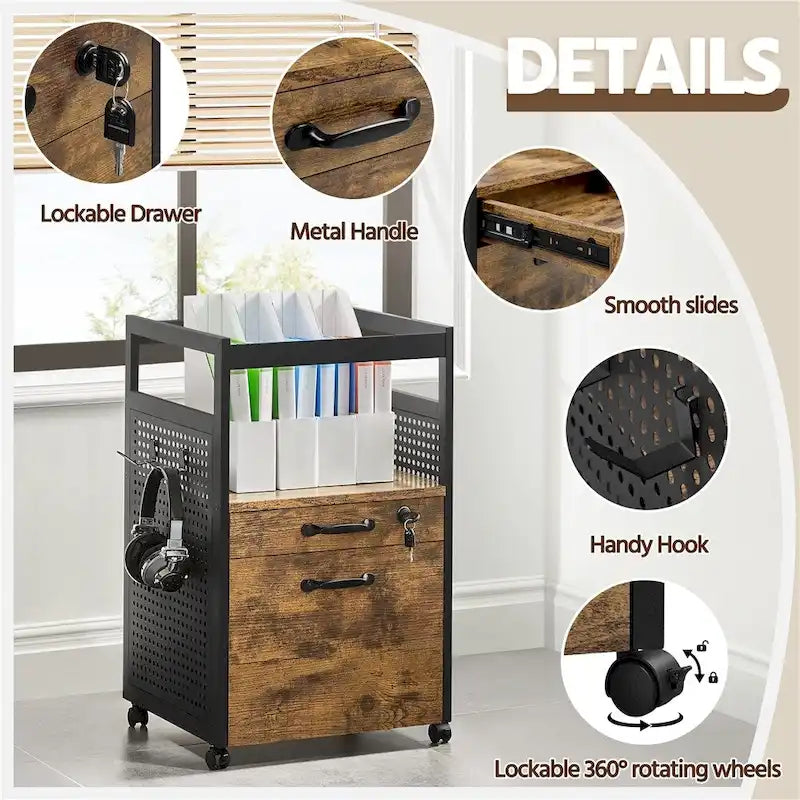Rolling File Cabinet with Open Shelf and Lockable Drawer
